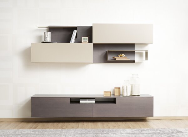 Design & Innenarchitektur | © Shutterstock Beige/graue Wohnwand mit Sideboard und Regal. Behandelt mit Pulverlack für qualitative Ästhetik | © Shutterstock